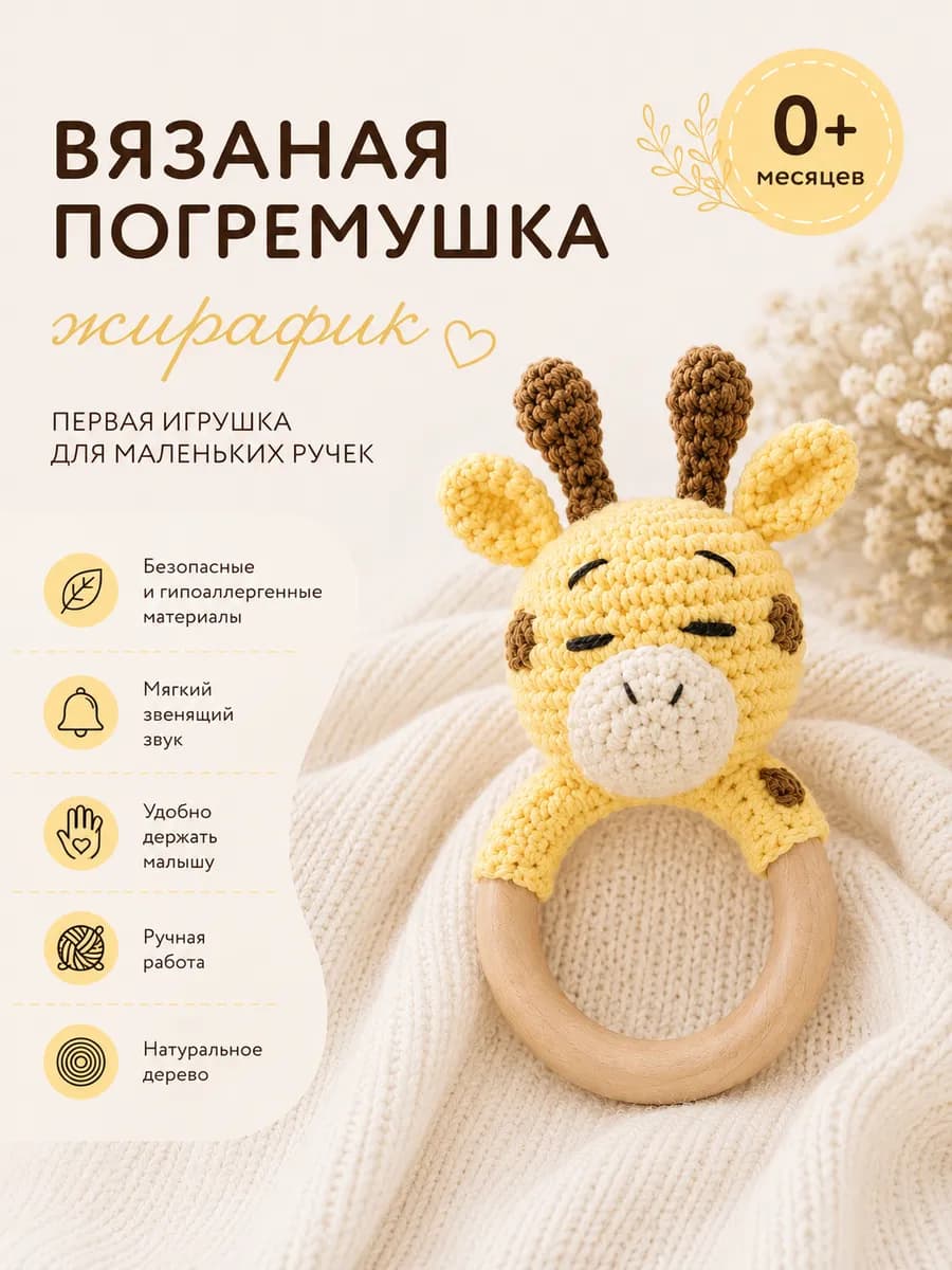 Вязаная погремушка-грызунок для новорожденных жирафик 1шт
