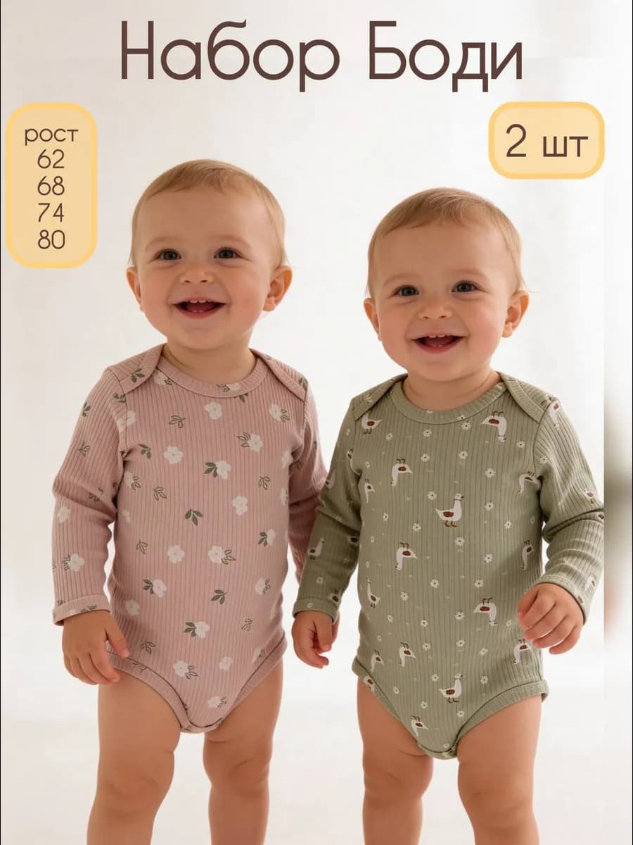 Боди для новорожденных с длинным рукавом набор 2 шт - фото 1