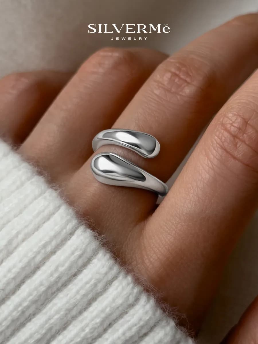 Кольцо серебряное толстое двойная капля серебро 925