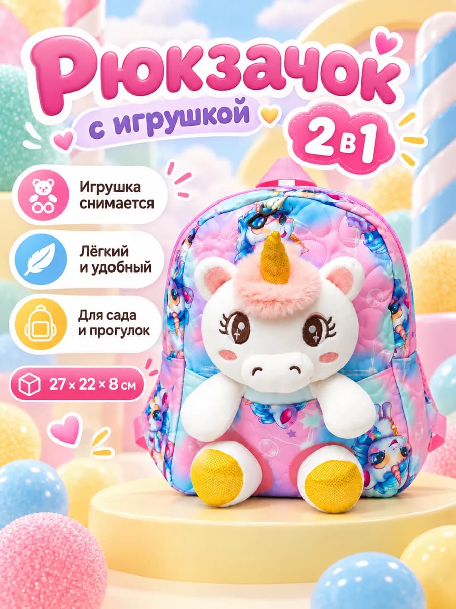 Рюкзак детский для девочки в садик с мягкой съёмной игрушкой