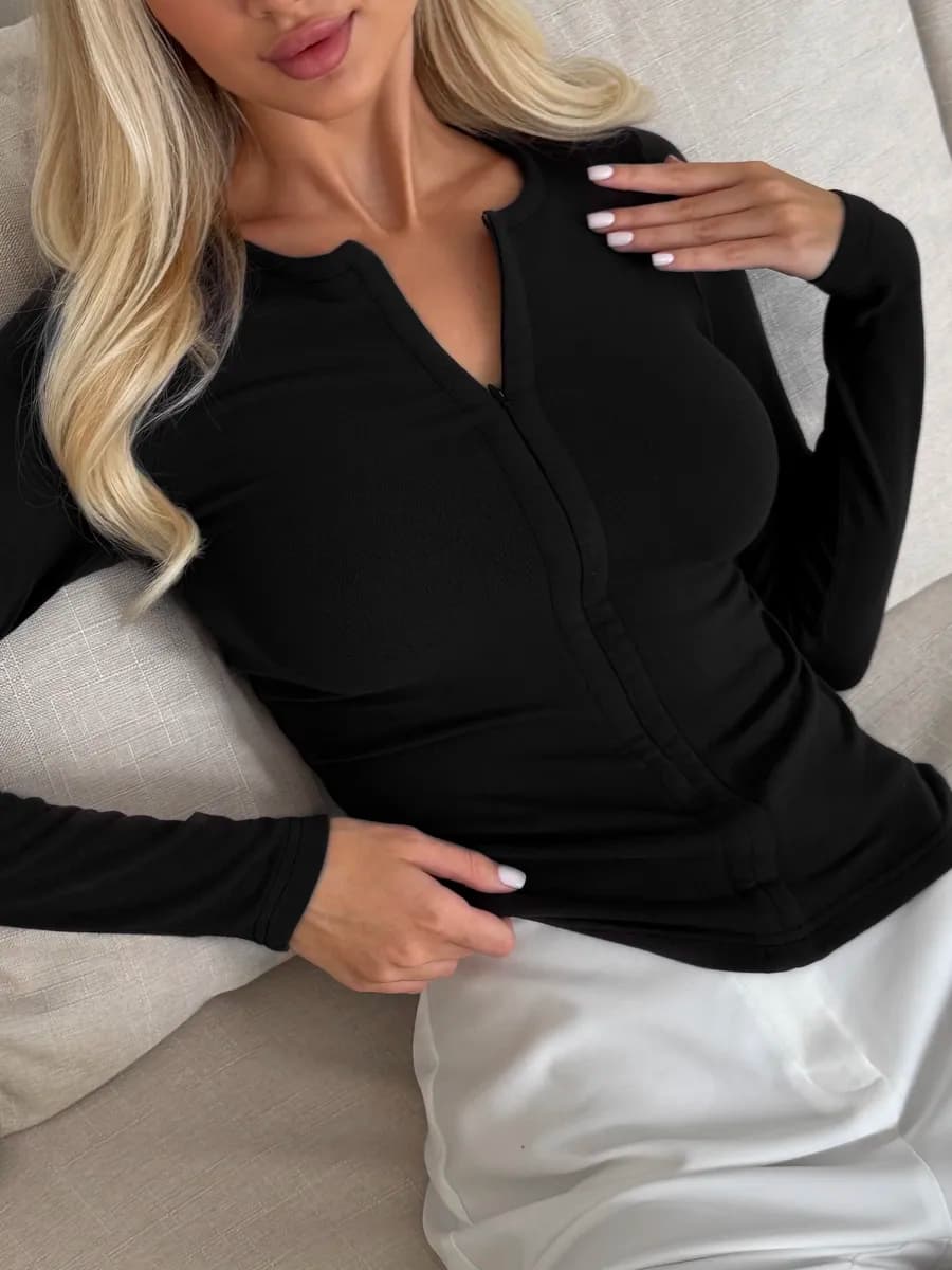 Лонгслив облегающий в рубчик на молнии, с длинным рукавом - фото 1