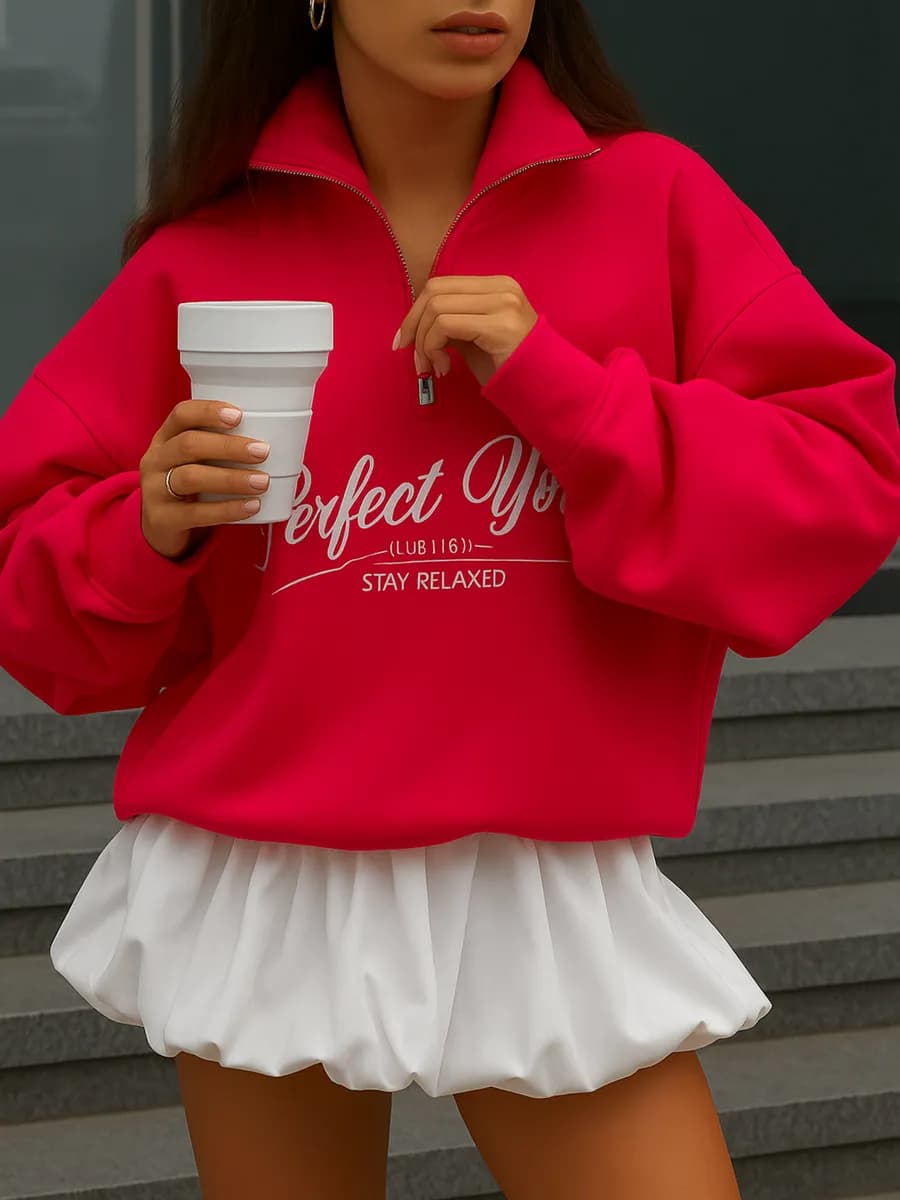 Свитшот полузамок без начеса на молнии оверсайз с принтом