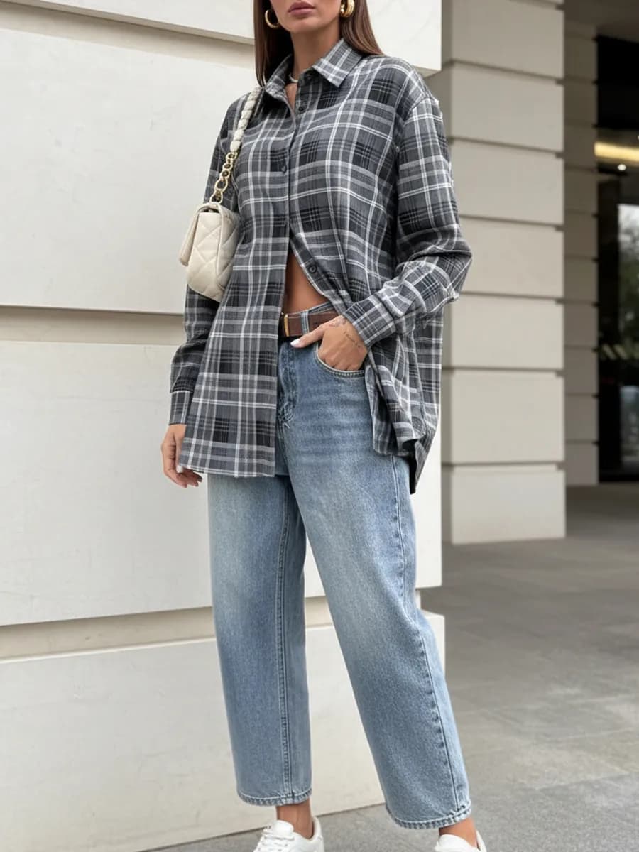 Рубашка в клетку oversize на весну удлинённая