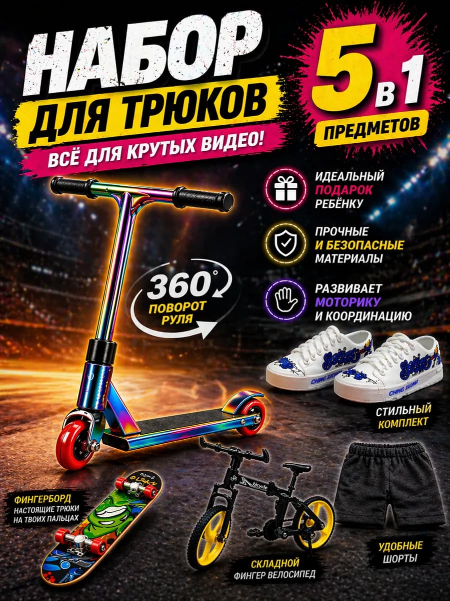Скейт фингерборд набор самокат, bmx, шорты и кеды