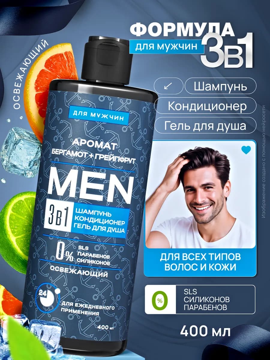 Для мужчин 3в1 Шампунь освежающий кондиционер гель для душа…