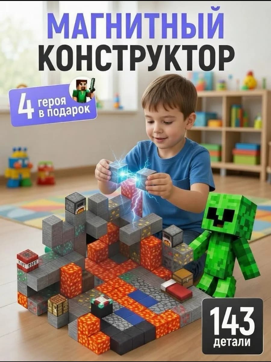 Магнитный конструктор Minecraft кубики 143 блока