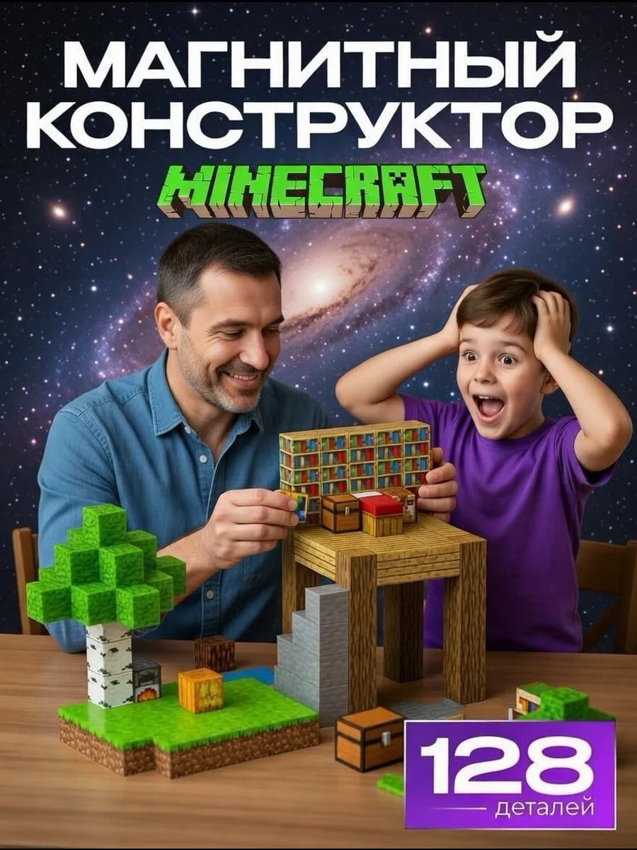 Магнитный конструктор Minecraft кубики 128 блоков
