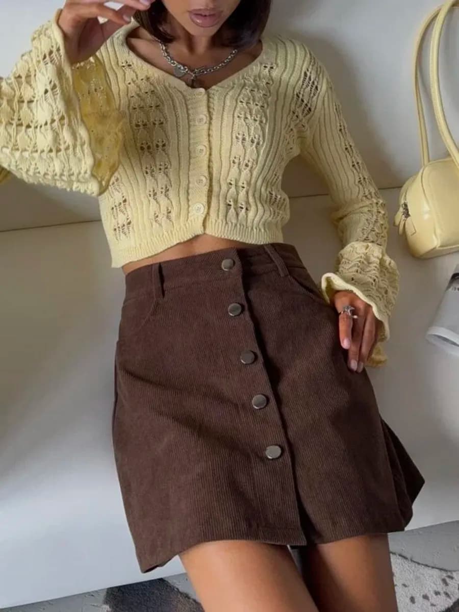 Юбка-шорты мини коричневая вельветовая