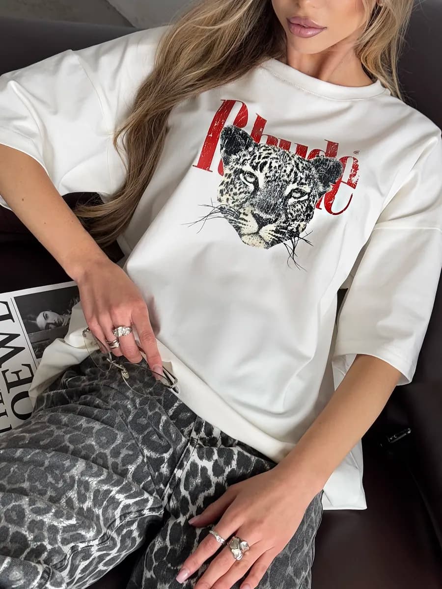 Плотная молочная оверсайз футболка с принтом Rhude Leo