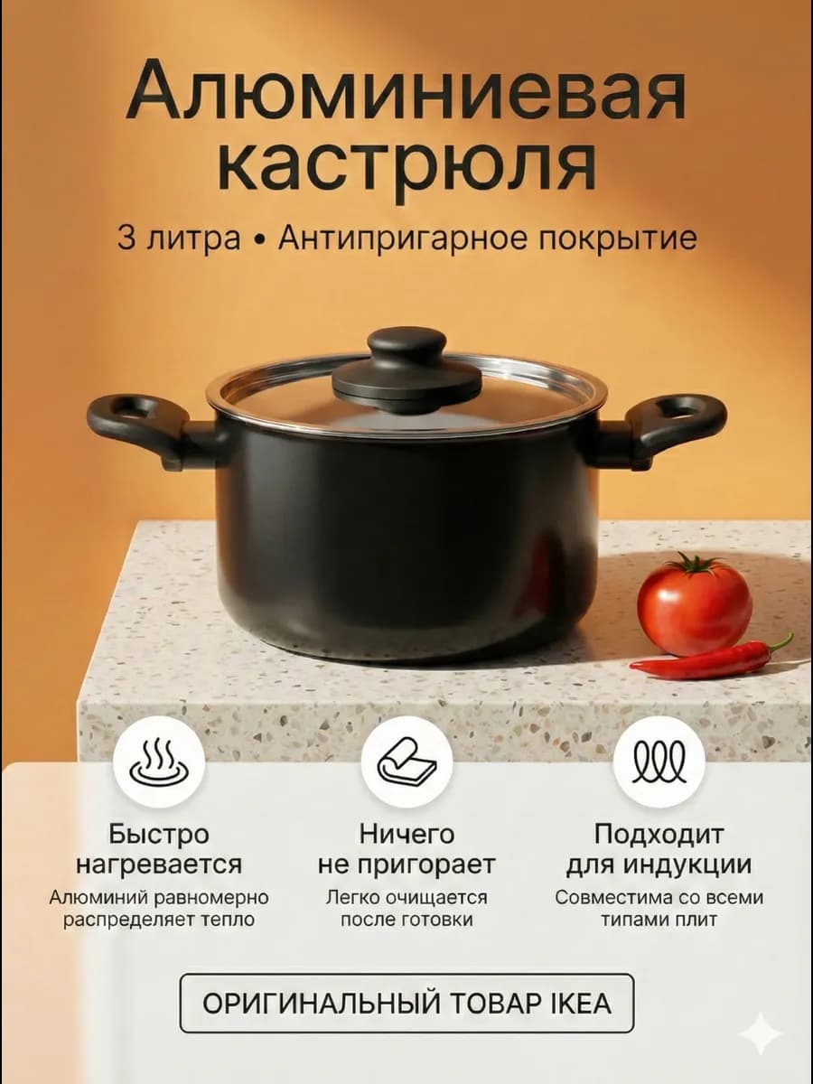 Кастрюля с крышкой 3л ИКЕА ХЕМЛАГАД - фото 1