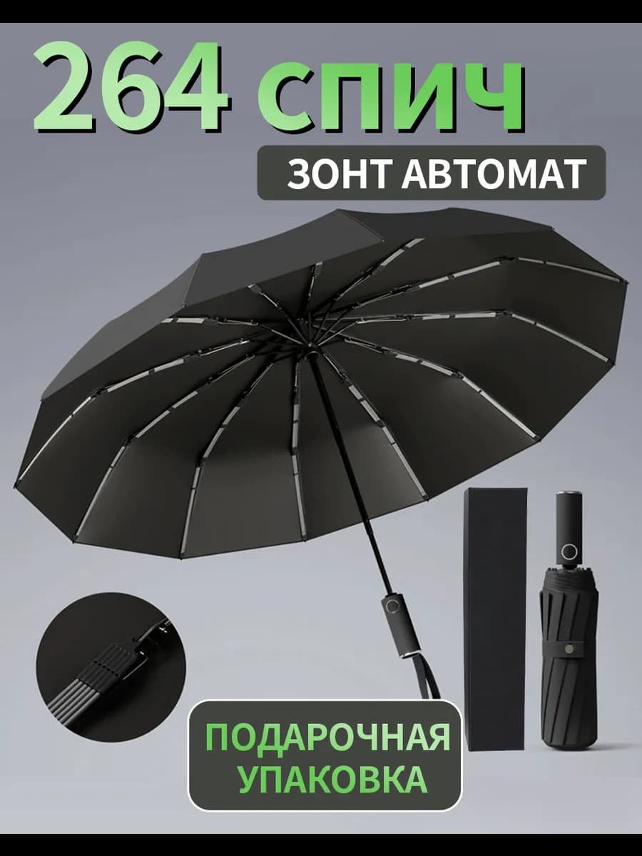 Зонт черный автомат антиветер укрепленный складной женский