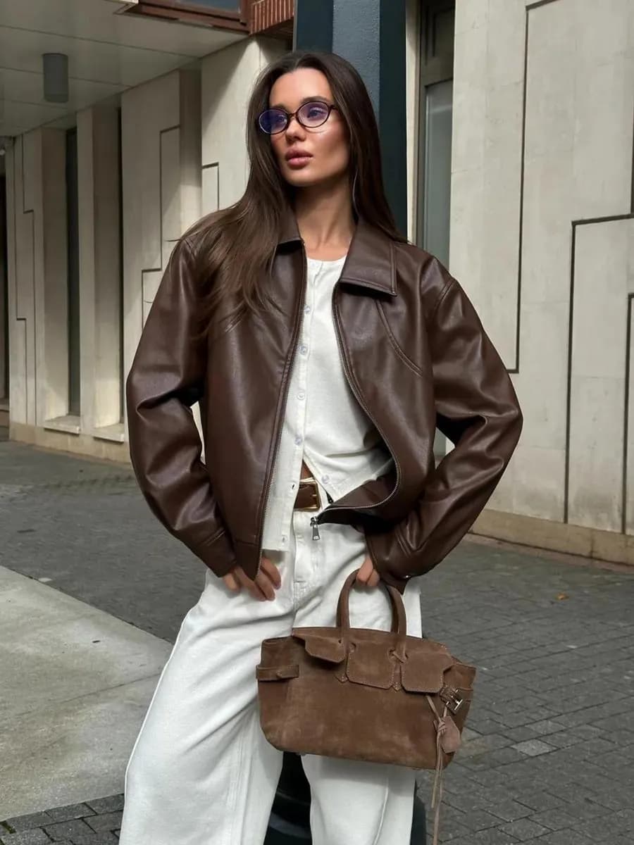 Куртка бомбер кожаный оверсайз