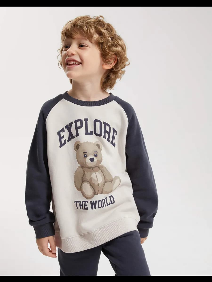 Свитшот колор-блок с принтом и начёсом