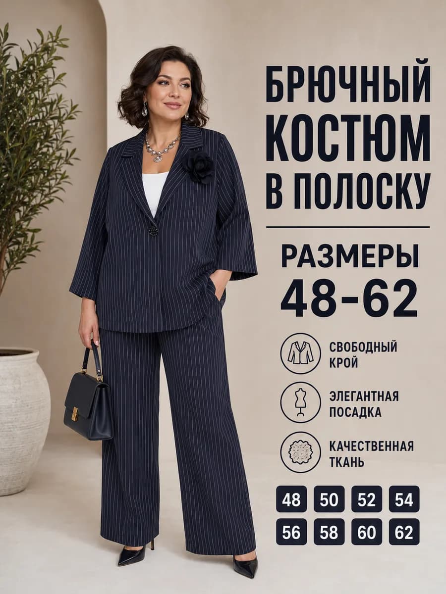 Костюм брючный в полоску летний больших размеров