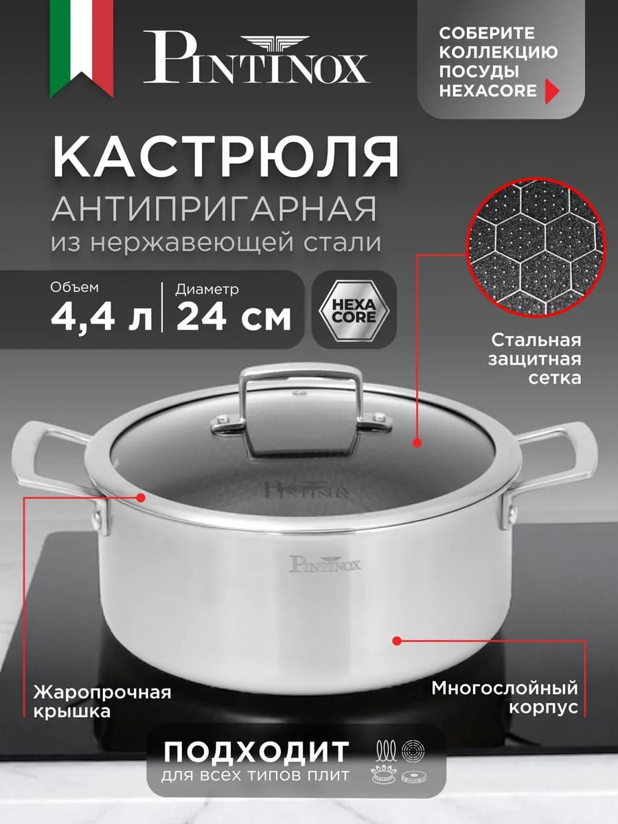 Кастрюля 4,4 л с крышкой 24 см из нержавеющей стали