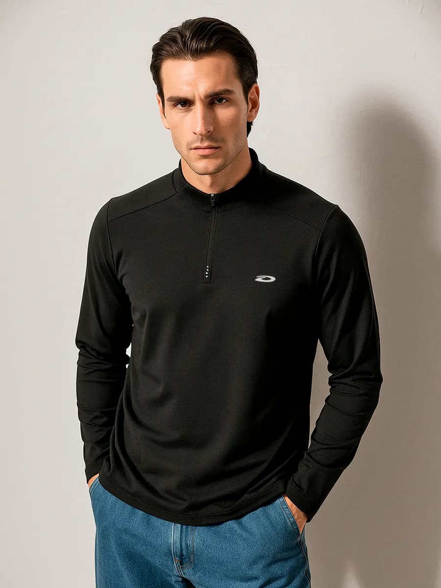 Лонгслив мужской спортивный черный на полузамке
