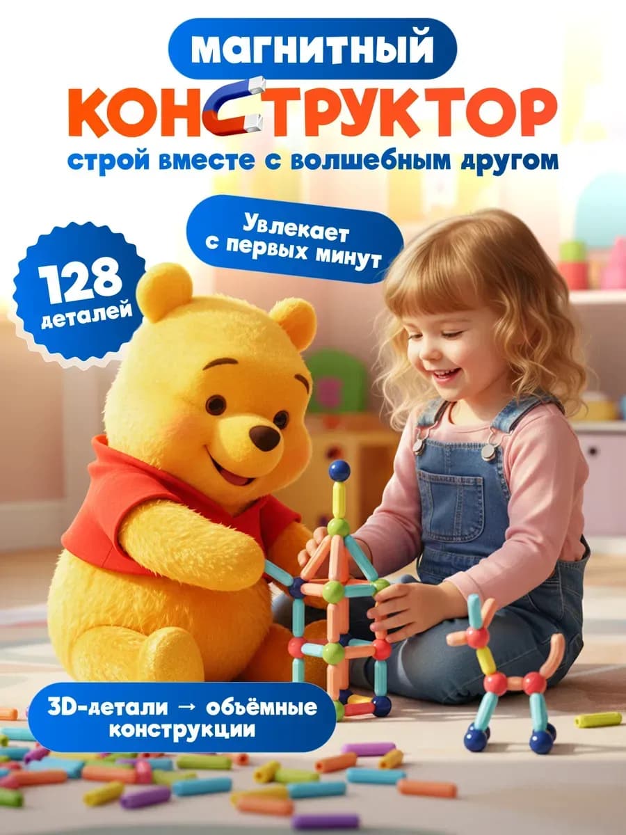 Конструктор магнитный 3D 128 деталей