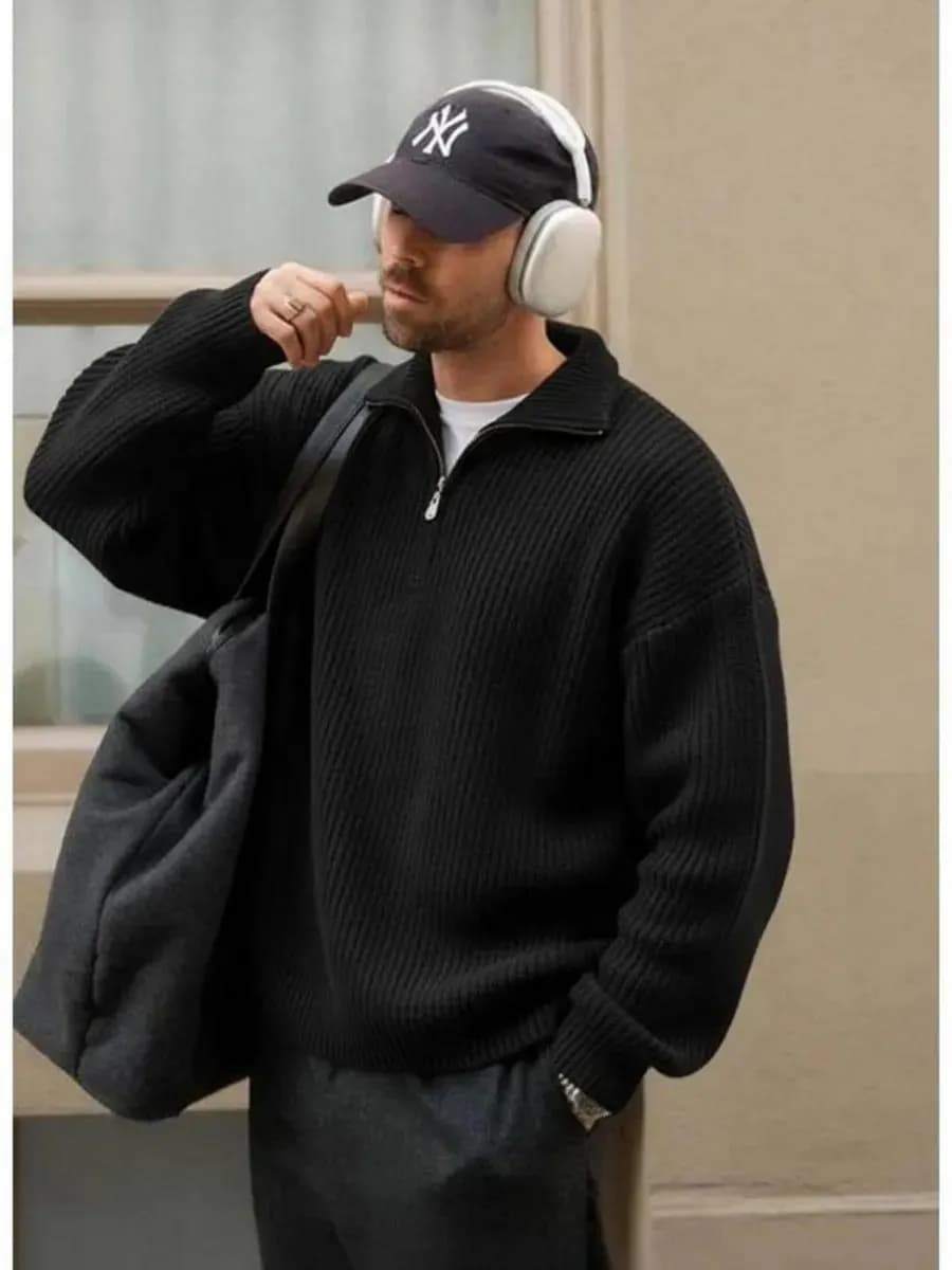 Свитер оверсайз вязаный с воротником на молнии