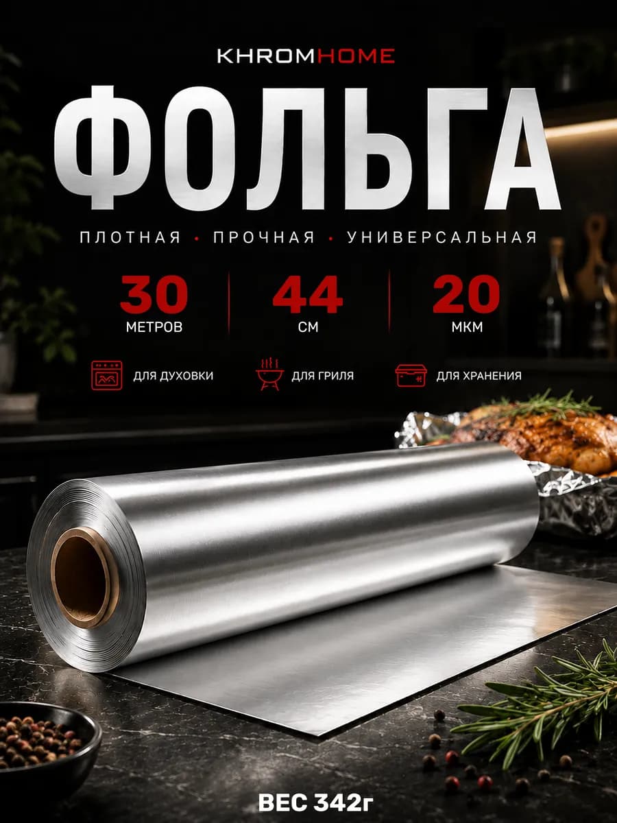Фольга пищевая для запекания в рулоне плотная 30м44см 20мкм