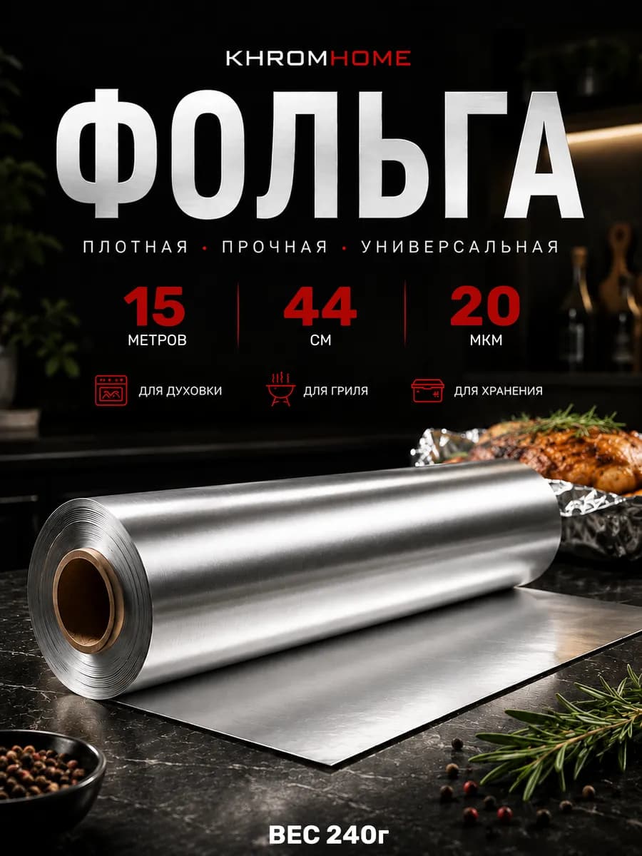 Фольга пищевая для запекания в рулоне плотная 15м44см 20мкм