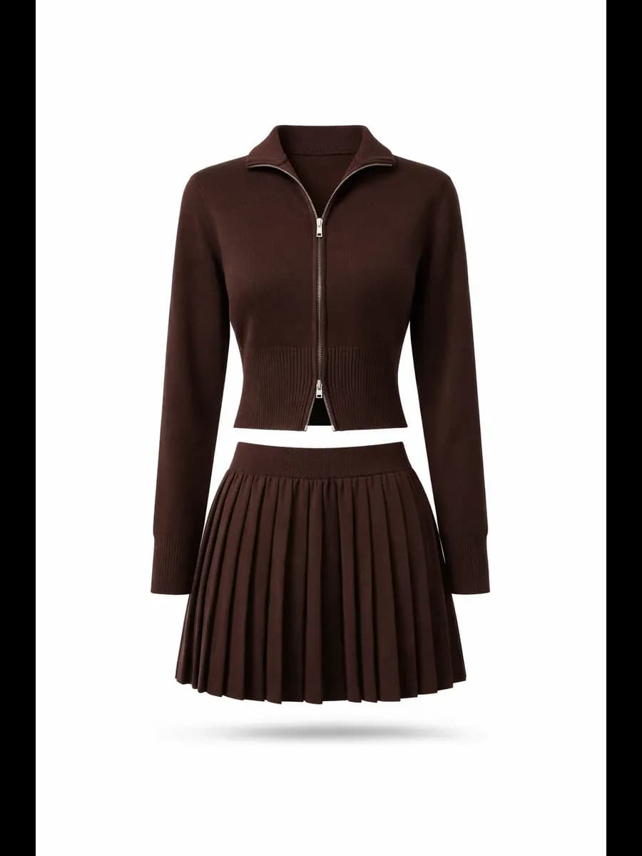 Костюм трикотажный с кофтой на молнии вязаный с юбкой