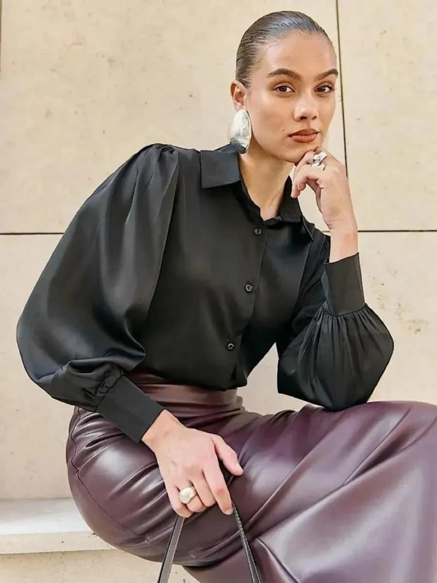 Рубашка шелковая нарядная оверсайз объемные рукава фонарики