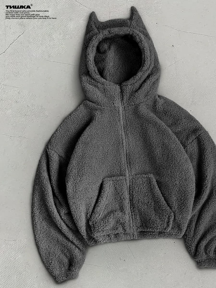 Плюшевое оверсайз зип худи с рожками