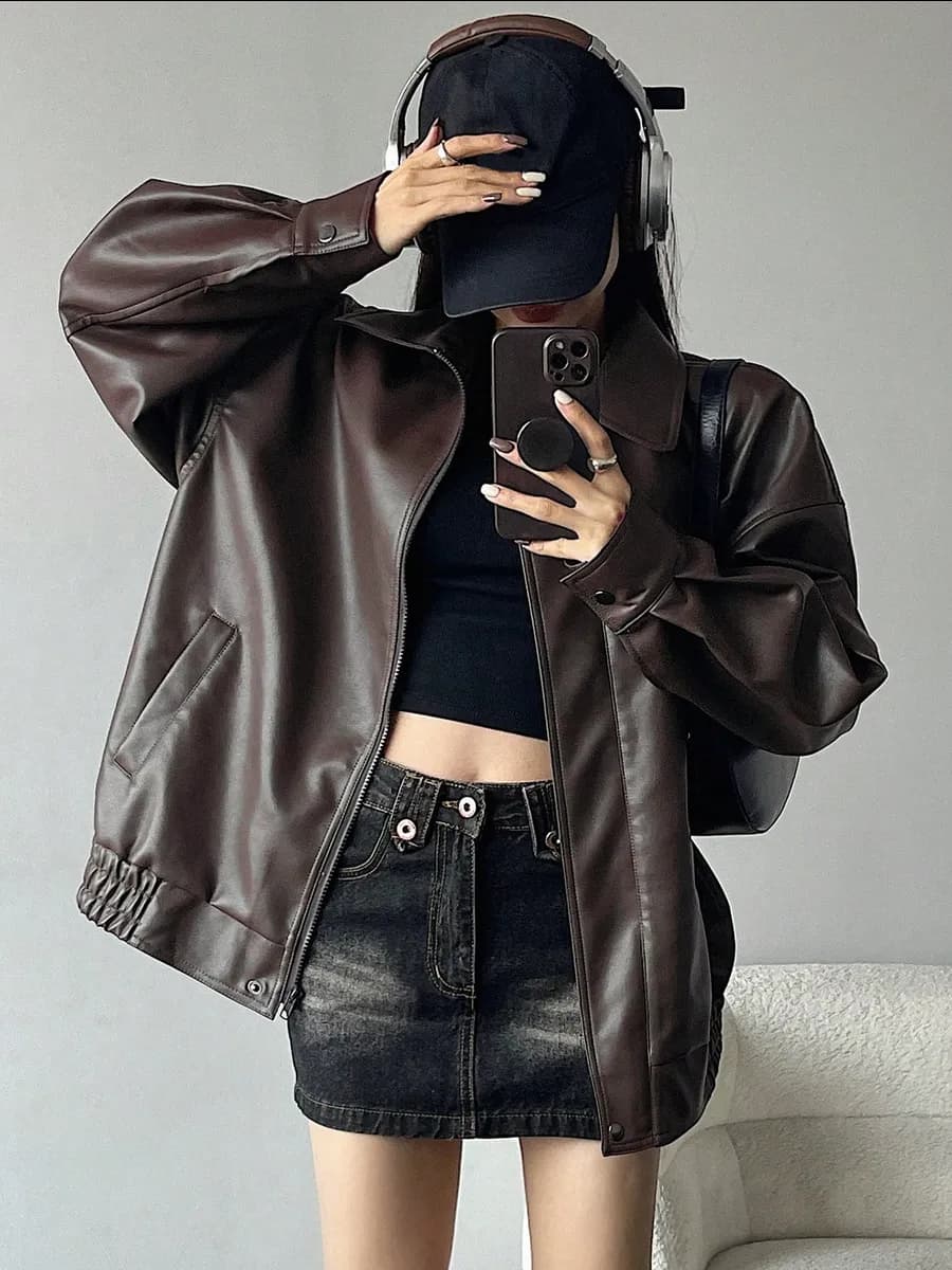 Бомбер кожаный оверсайз куртка