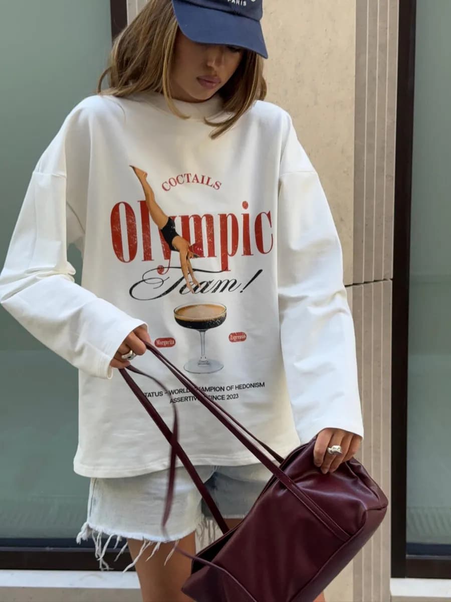 Лонгслив оверсайз молочный с принтом