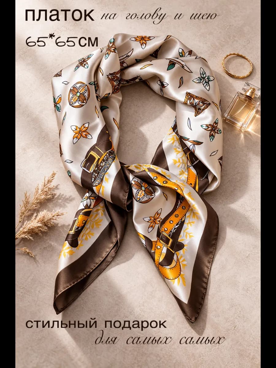Платок на голову и шею шелковый атласный 70х70 см