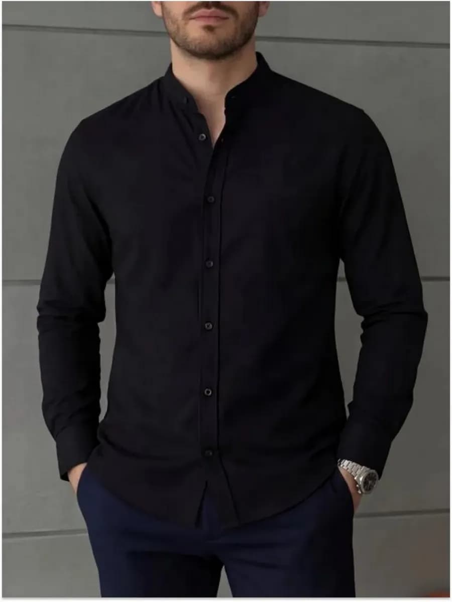 Рубашка приталенная на пуговицах с воротником стойкой