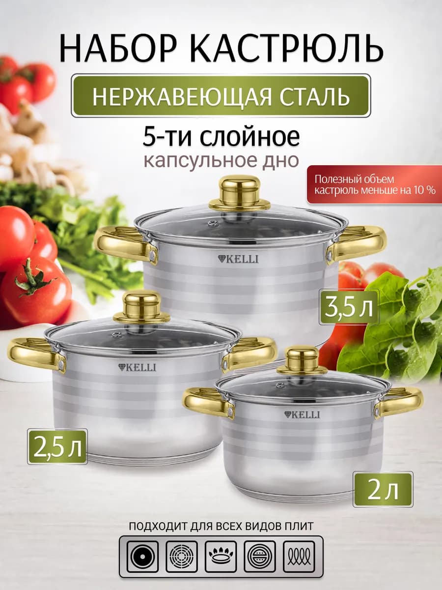 Набор кастрюль из нерж. стали со стеклянными крышками 3 шт