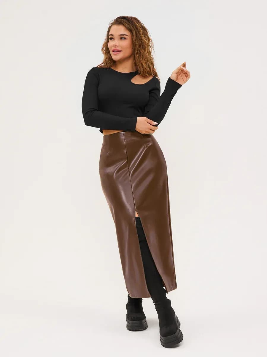 Юбка кожаная длинная с разрезом