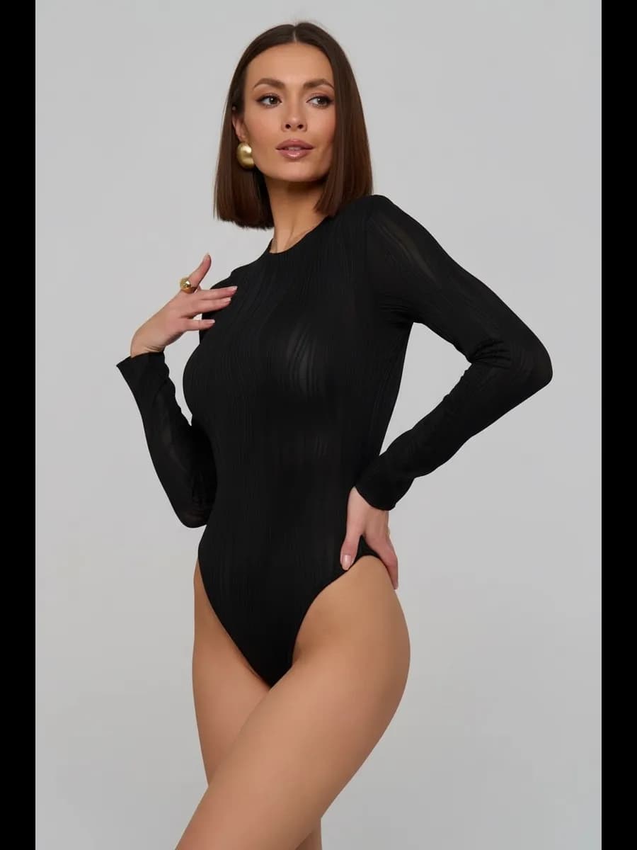 Вечернее боди с длинным рукавом черное