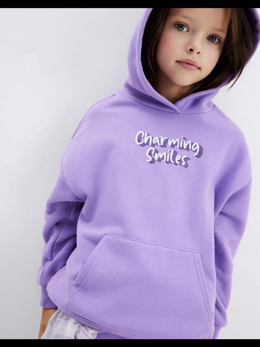 Сиреневое худи oversize с принтом и начёсом