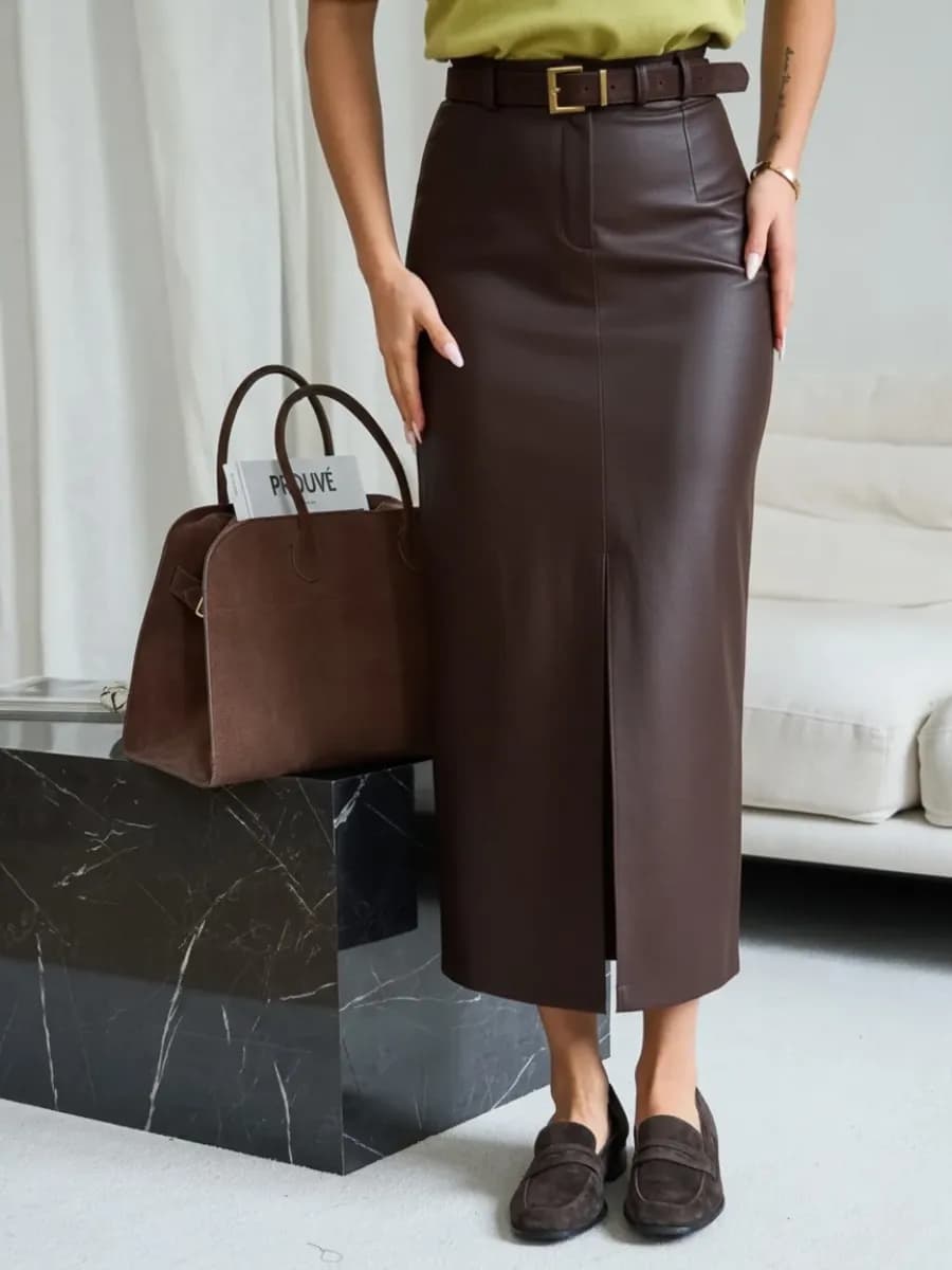 Юбка кожа макси с разрезом