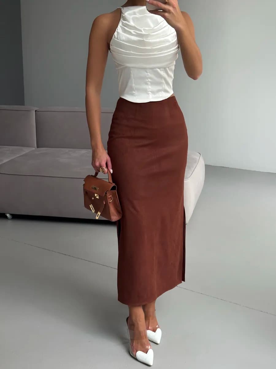 Юбка замшевая миди с разрезом