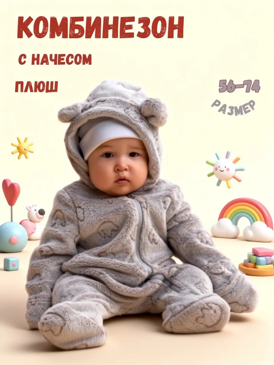 Плюшевый комбинезон для новорожденного капюшон теплый