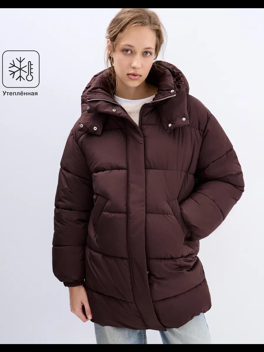 Коричневая утеплённая куртка oversize с синтепухом
