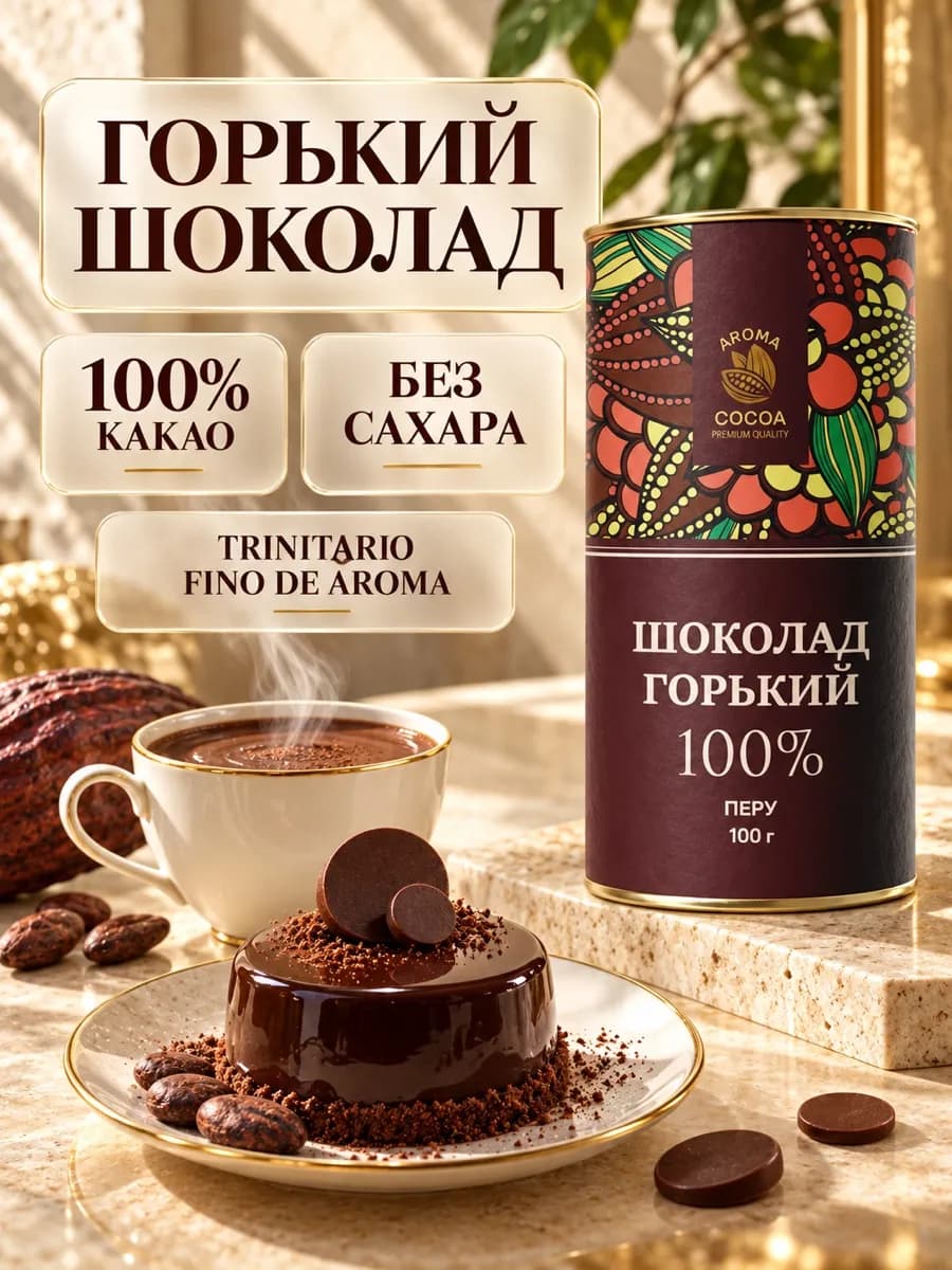 Горький шоколад 100% натуральный без сахара, 100 г