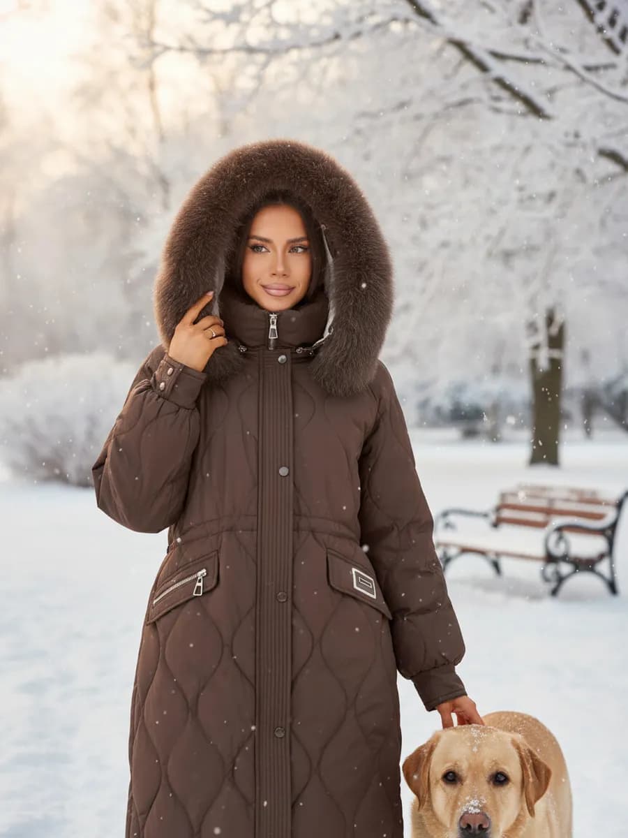 Пуховик длинный женский с натуральным мехом