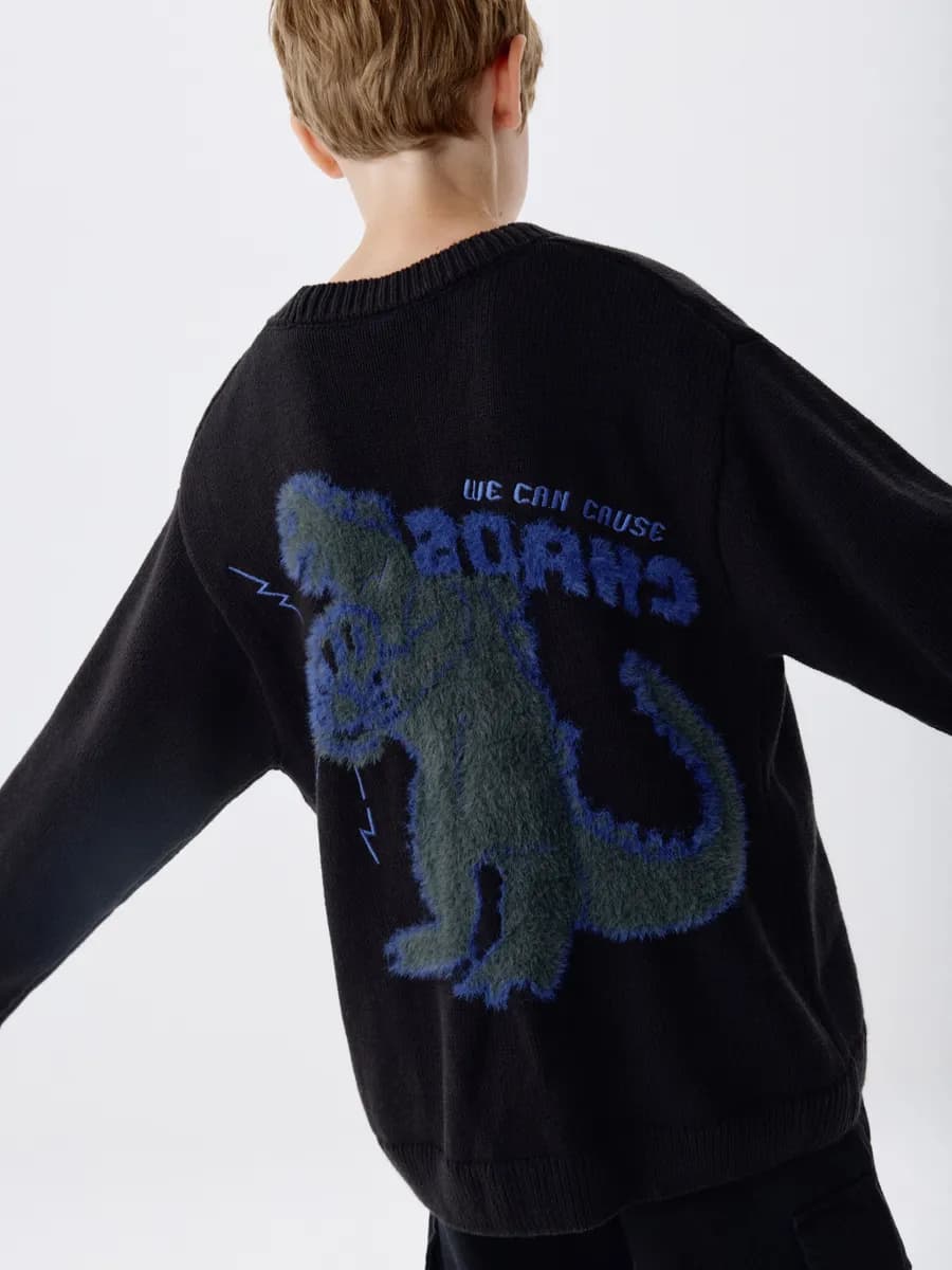 Вязаный кардиган оверсайз черный с принтом