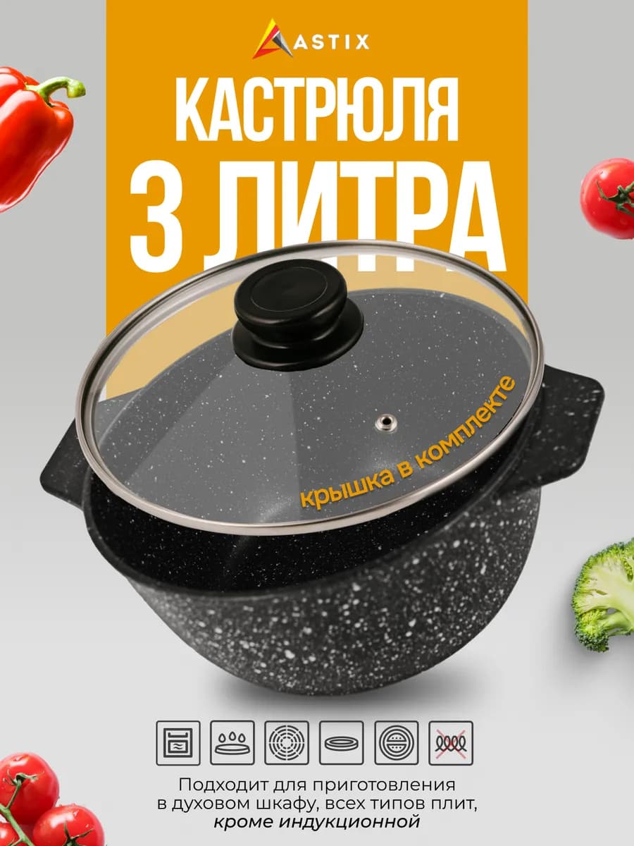 Кастрюля с крышкой 3 литра антипригарная