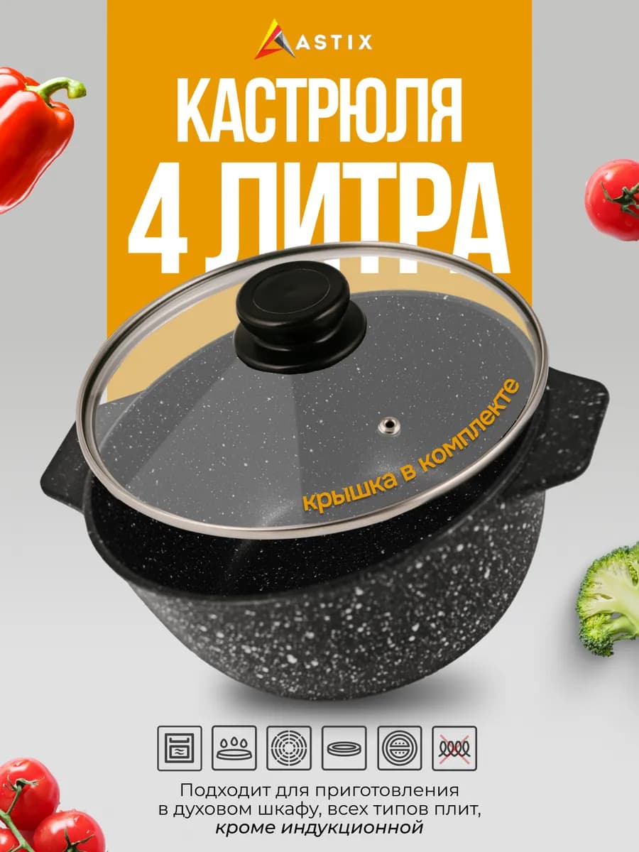 Кастрюля с крышкой 4 литра антипригарная