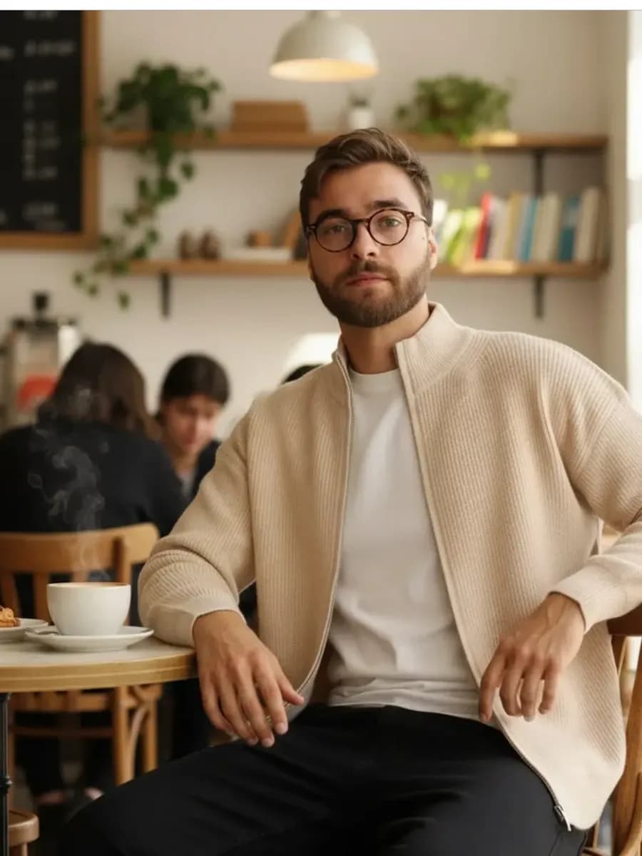 Кардиган молочного цвета на молнии вязаный шерстяной