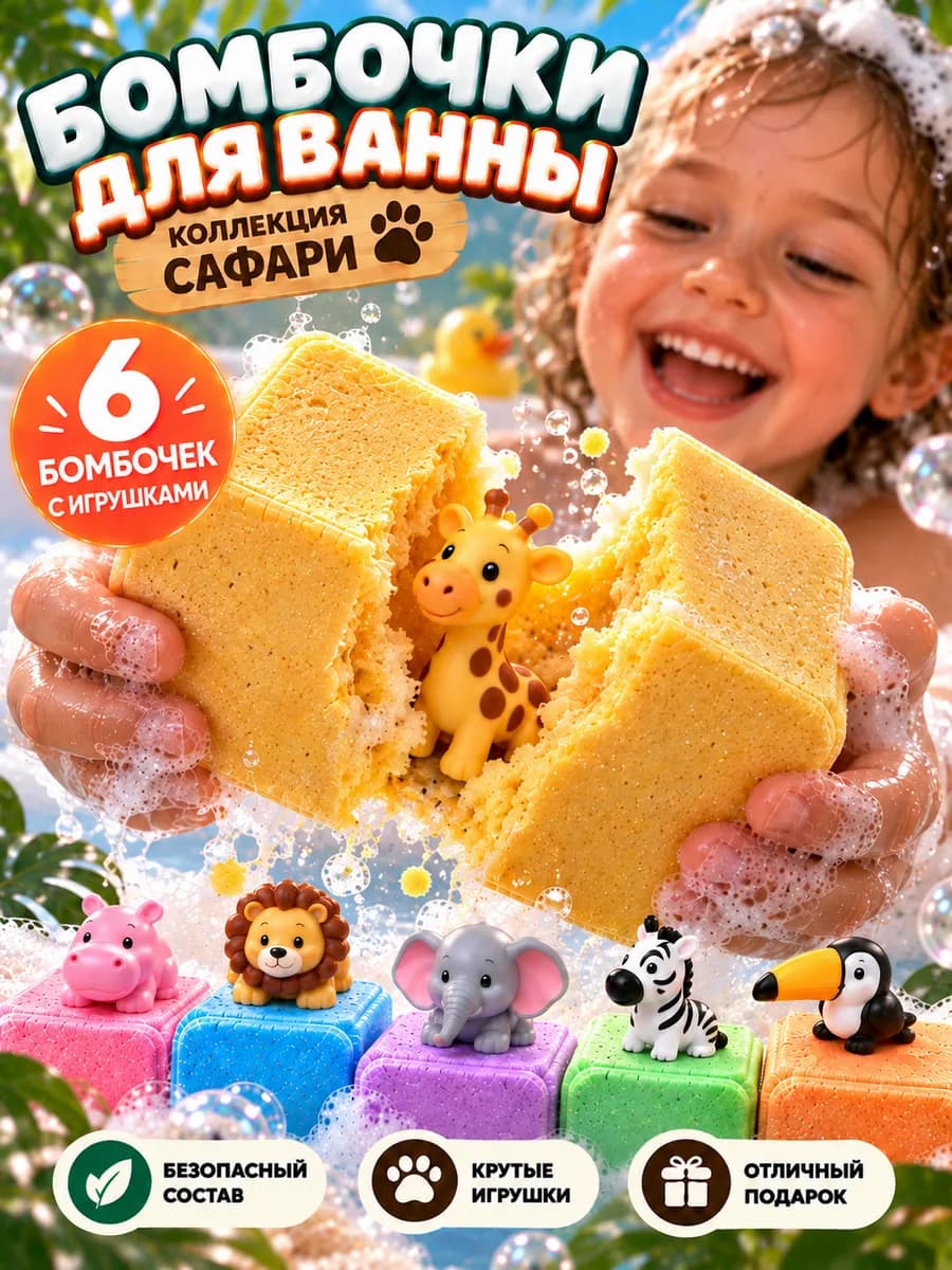 Бомбочки для ванны детские с игрушкой 6 шт