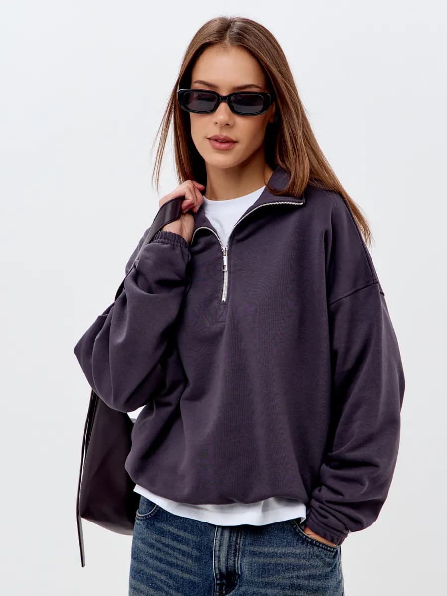 Свитшот укороченный без начеса с воротником на молнии