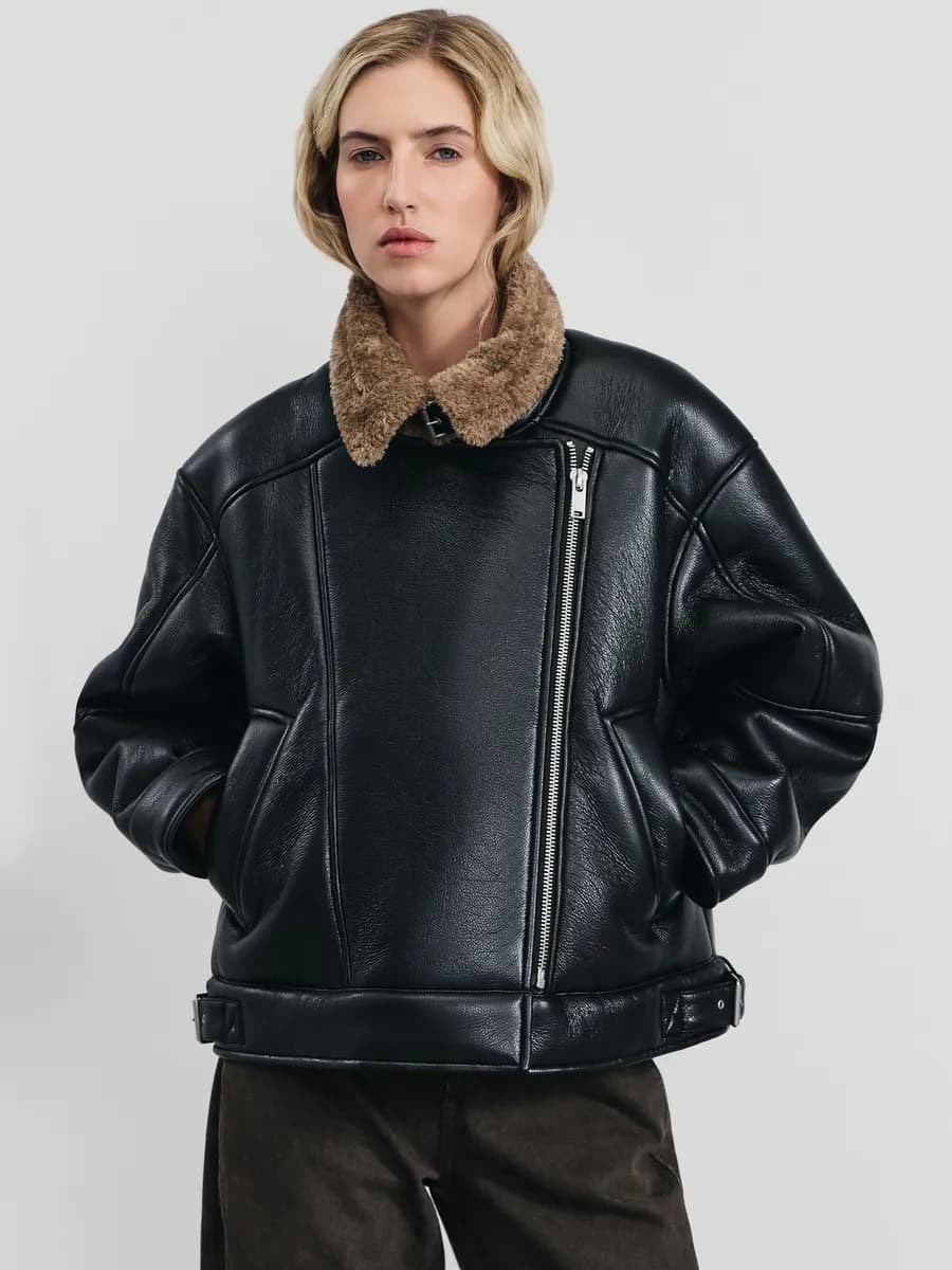 Дубленка укороченная на молнии из искусственной кожи