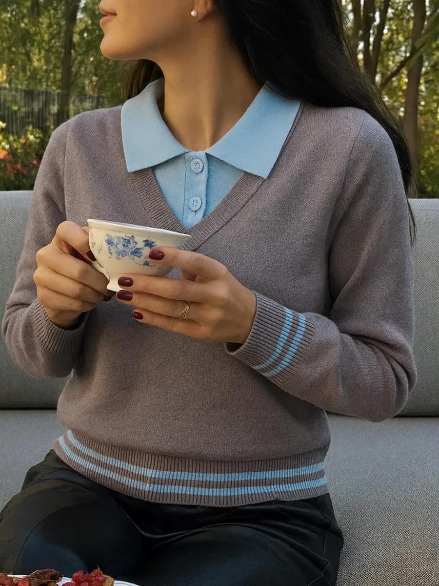 Тонкий джемпер поло с длинным рукавом обманка