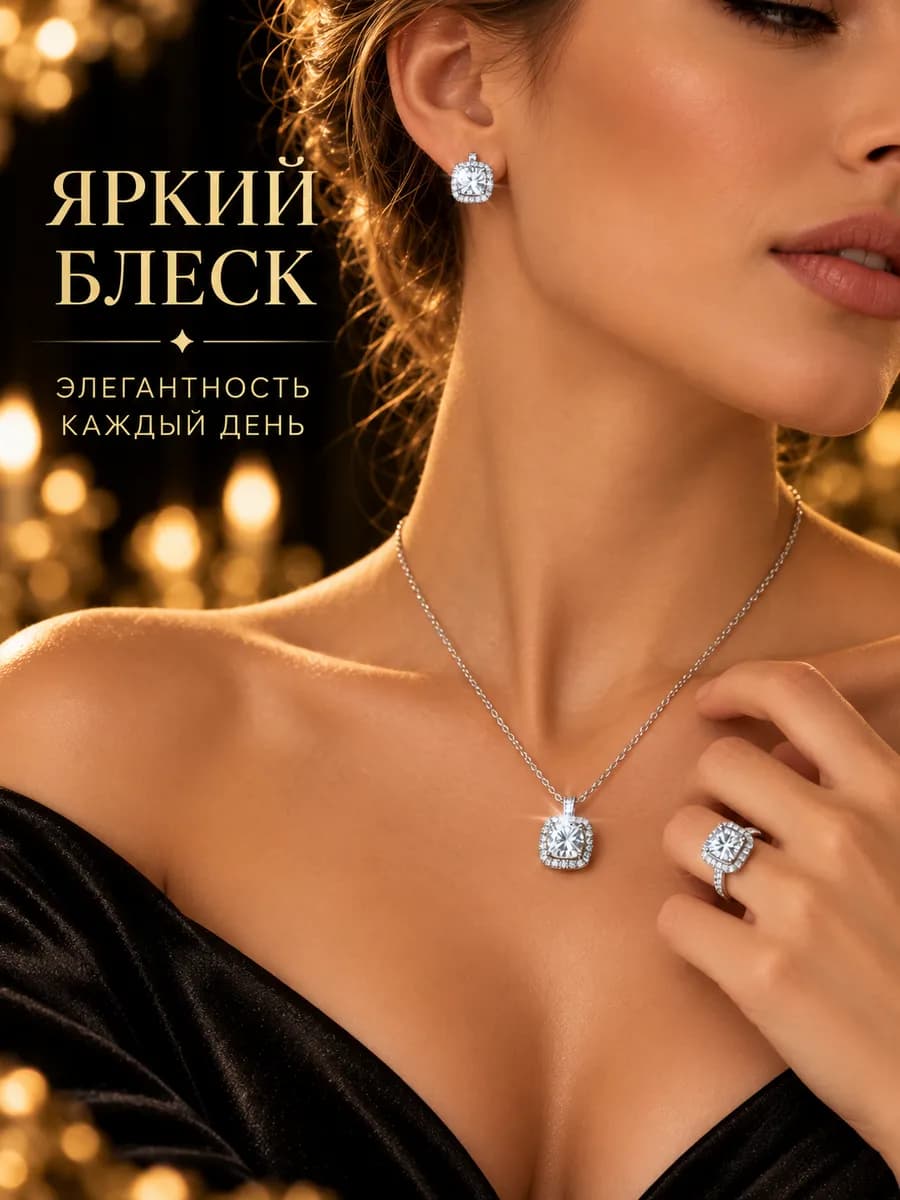 Комплект украшений женский кольцо, серьги, цепочка с кулоном